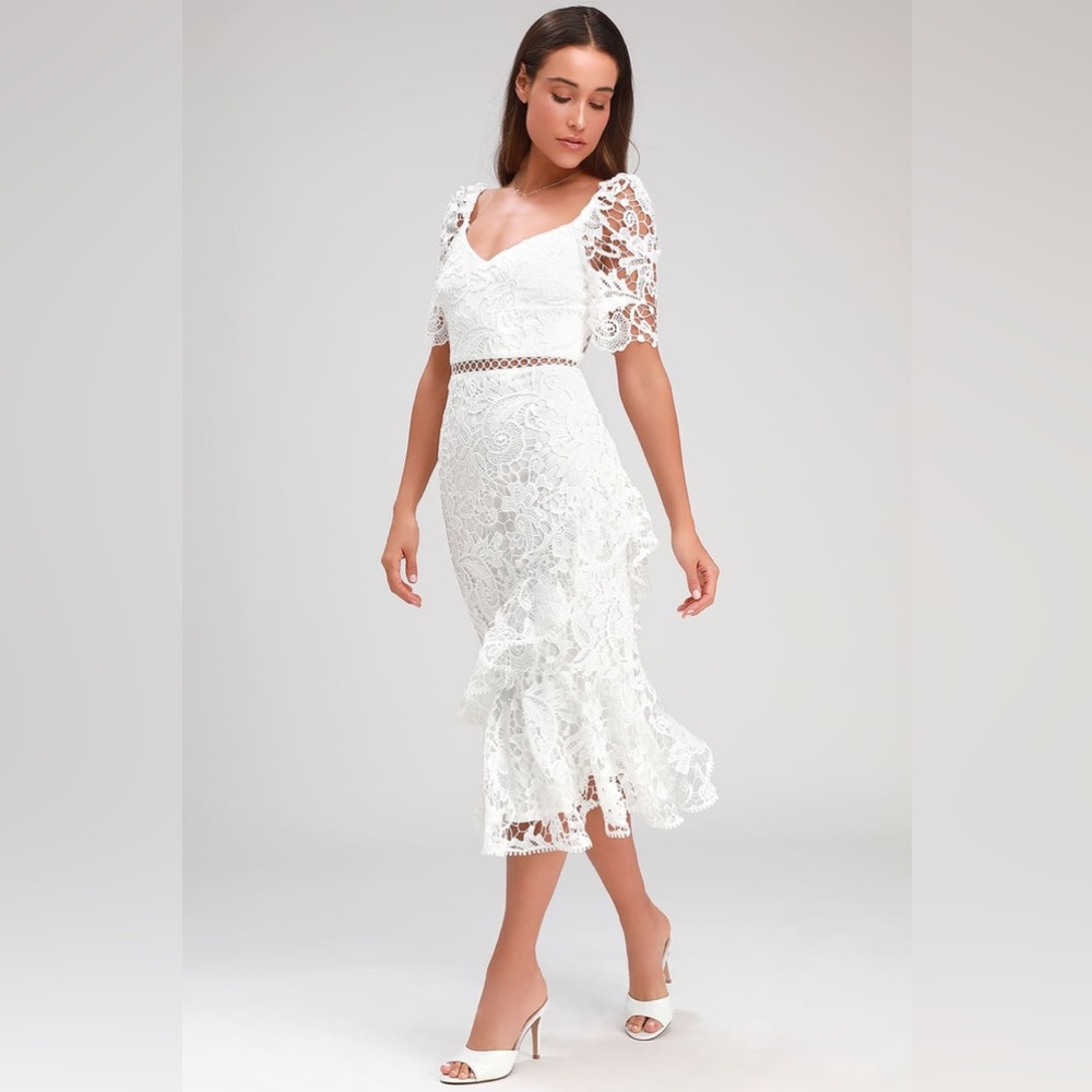 Lulus Bridal Briarwood white lace ruffled midi dress
